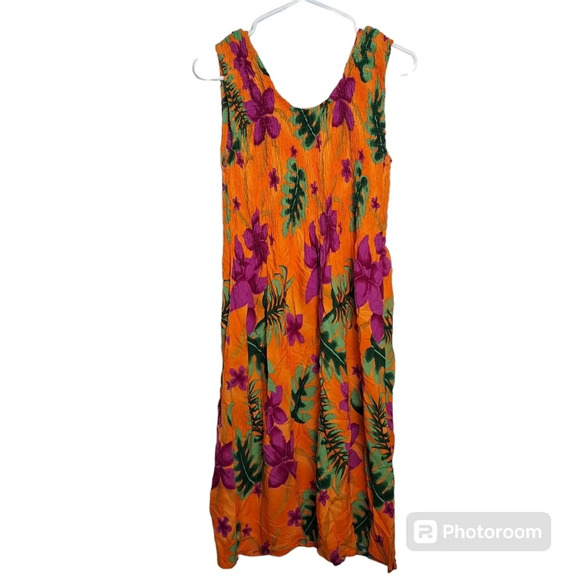 Hibiscus Collection Hawaii Orange Sleeveless Smocked Floral Midi Dress Size M - Picture 1 of 5